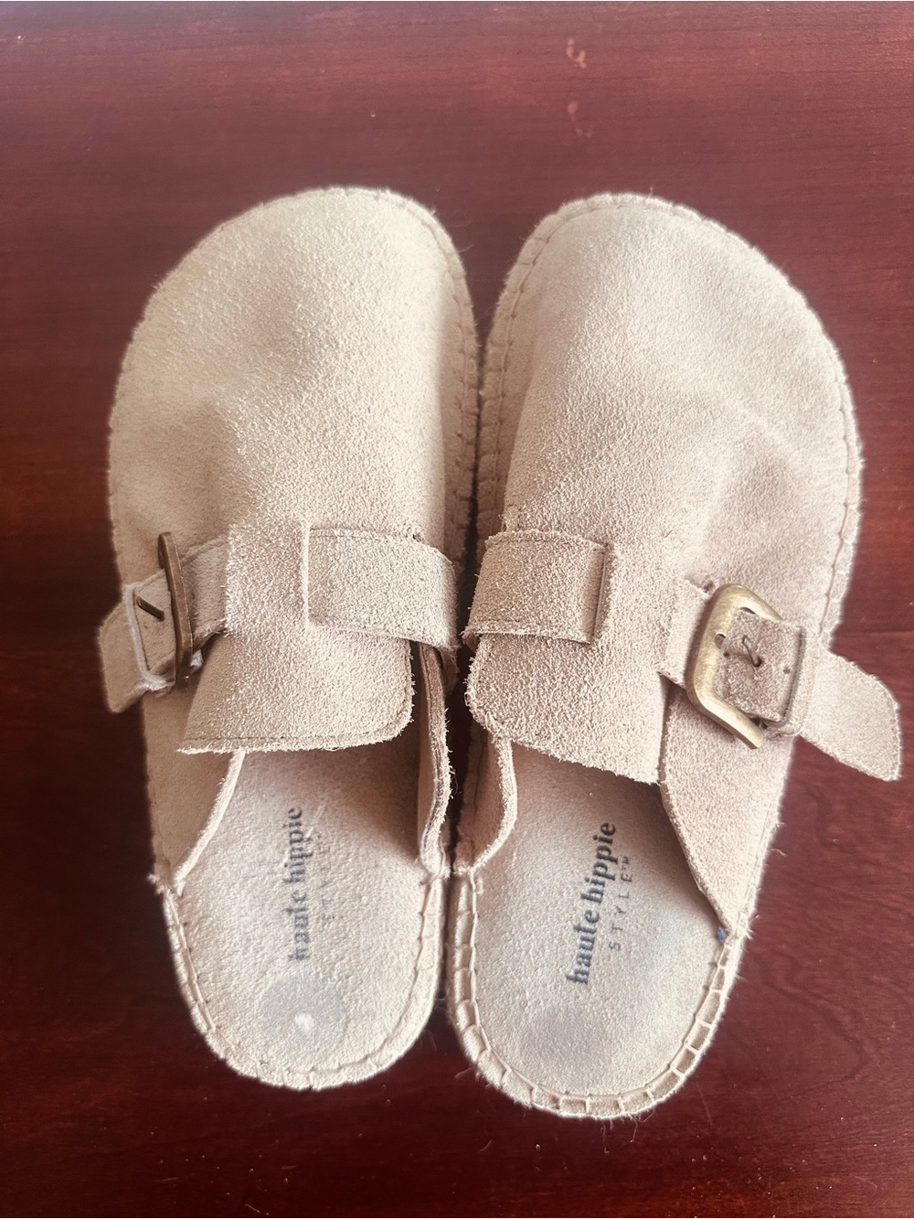Haute Hippie Aria Suede Mule Clogs Buckle Slip-On Beige size 7.5